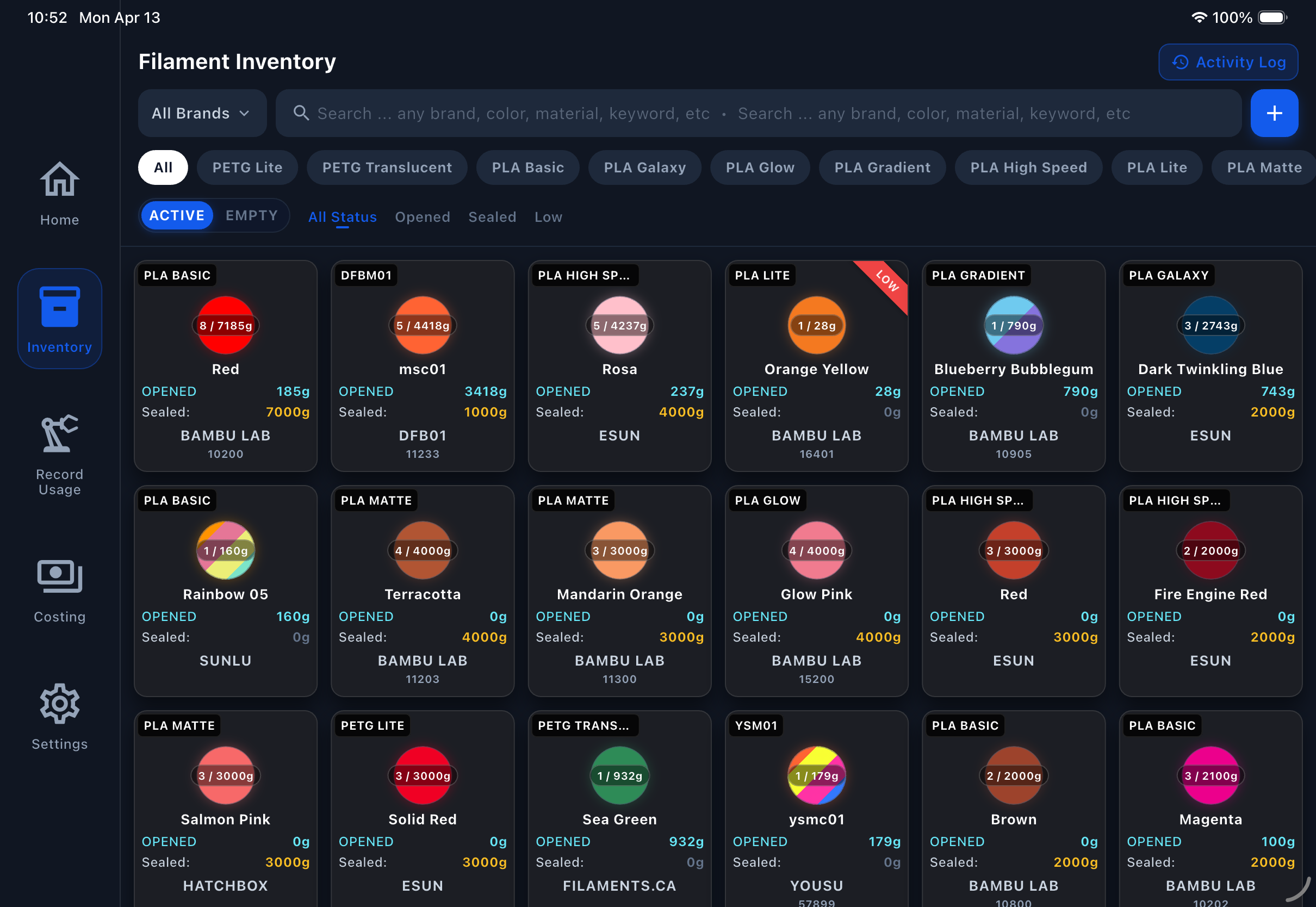 Filament Genius tablet dashboard for 3D printing filament inventory